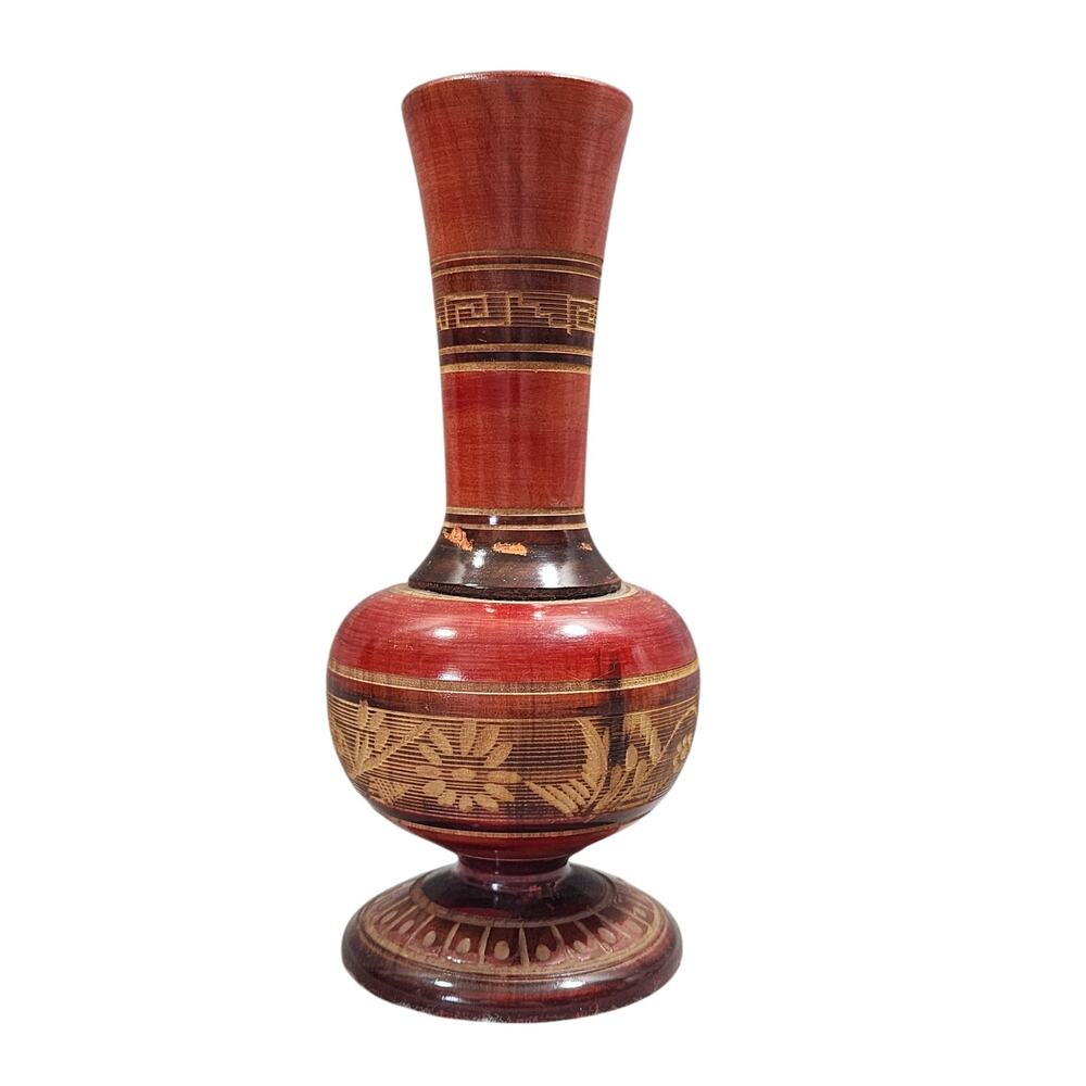 Vintage Hand Lathe Turned Carved Etched Wooden Pedestal Flower Bud Vase 8.5"